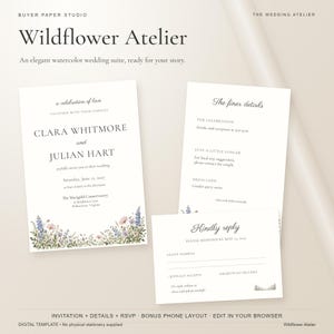 Wildflower Wedding Invitation Suite, Editable Browser Template with Details and RSVP Cards