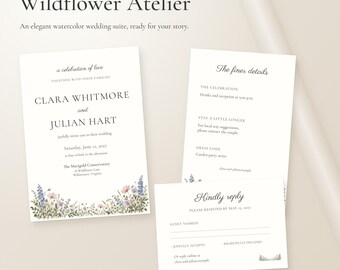 Wildflower Wedding Invitation Suite, Editable Browser Template with Details and RSVP Cards