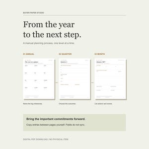 Actual annual roadmap, quarter plan and monthly action page show the manual year-to-quarter-to-month workflow. Buyers copy commitments between pages themselves; fields do not synchronize.