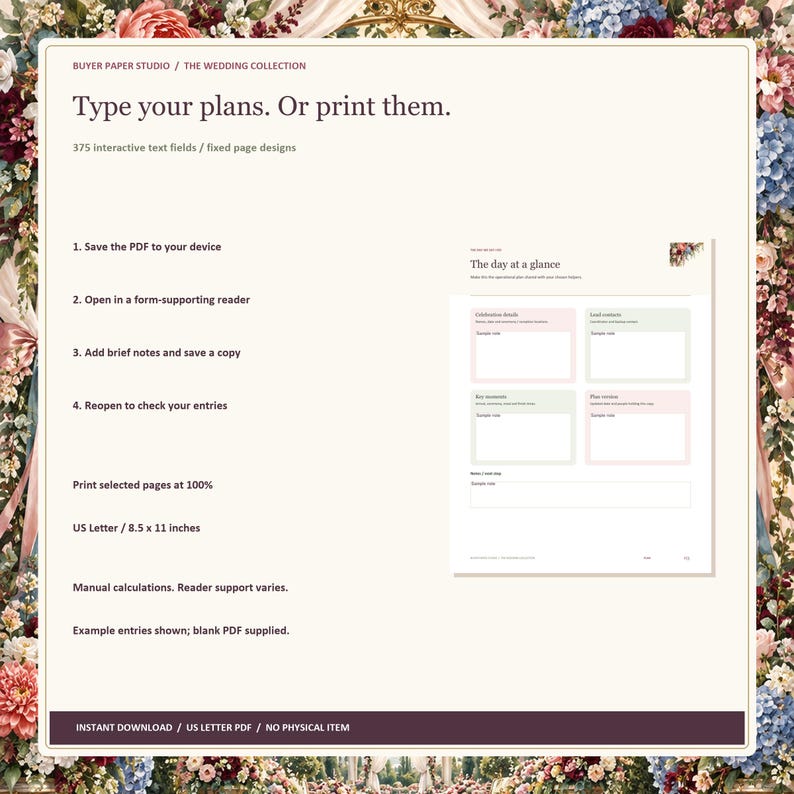 Wedding Day Coordinator, 26-Page Fillable PDF, Floral Printable Wedding Organizer image 4