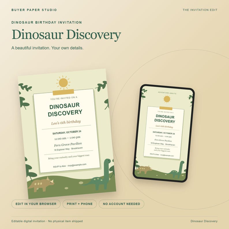 Dinosaur Discovery Birthday Invitation, Editable Browser Template, 5x7 Print and Phone Design image 1