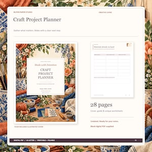 May include: A digital craft project planner with 28 pages, including a cover and worksheets. The cover features floral illustrations, craft supplies, and the text 'Made with Intention CRAFT PROJECT PLANNER'. A sample page shows a 'Materials already on hand' table.