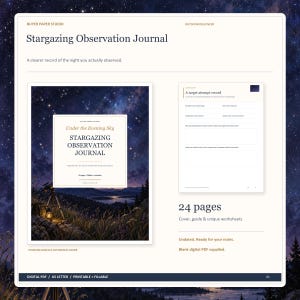May include: A Stargazing Observation Journal digital PDF with 24 pages, including a cover featuring a night sky landscape with a telescope, and a target attempt record worksheet. The text includes Buyer Paper Studio, Stargazing Observation Journal, and Under the Evening Sky. It is undated and printable.