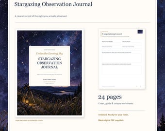Puede incluir: Un diario de observación de estrellas en PDF digital de 24 páginas, que incluye una portada con un paisaje nocturno y un telescopio, además de una hoja de registro de intentos. El texto incluye Buyer Paper Studio, Stargazing Observation Journal y Under the Evening Sky. Sin fecha e imprimible.