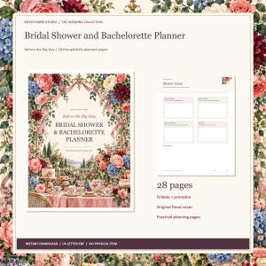Bridal Shower and Bachelorette Planner, 28-Page Fillable PDF, Floral Printable Wedding Organizer image 1