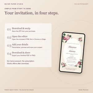 May include: A digital instruction guide titled Your invitation, in four steps, detailing a process to download, open, add details, and share. Beside the text is a rectangular wedding invitation featuring a floral border and the names Eleanor and James.