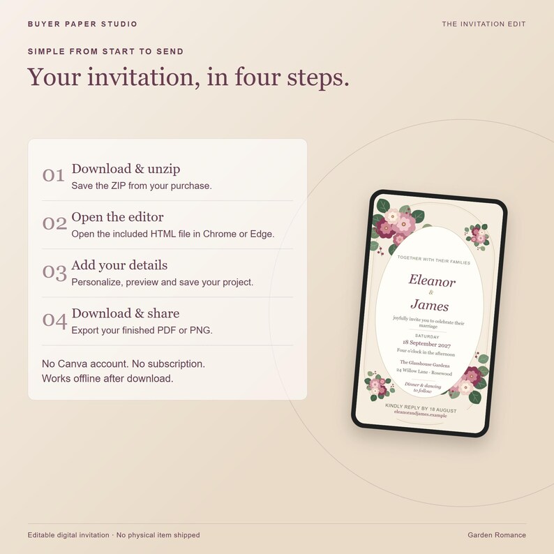 May include: A digital instruction guide titled Your invitation, in four steps, detailing a process to download, open, add details, and share. Beside the text is a rectangular wedding invitation featuring a floral border and the names Eleanor and James.