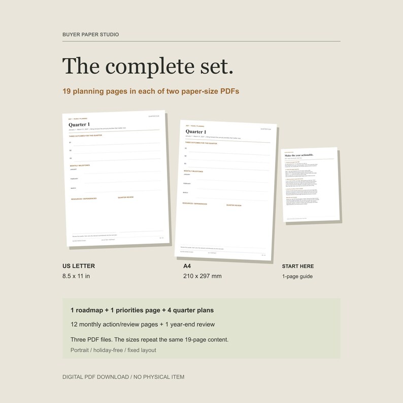 Included files: nineteen-page US Letter portrait workbook, the same nineteen-page content in A4 portrait, and a one-page Start Here PDF guide. Actual quarter pages and guide are shown.