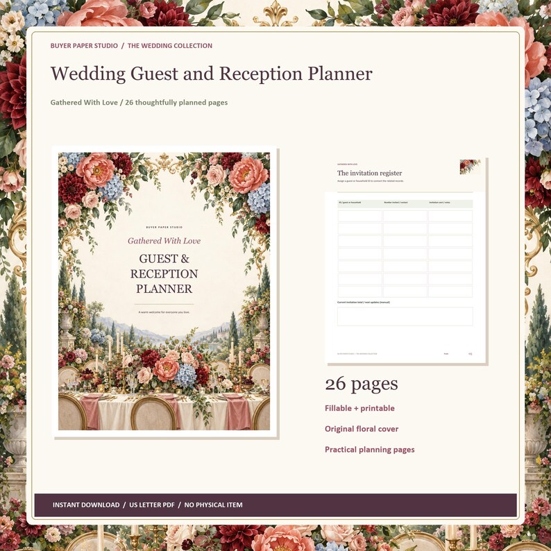 Wedding Guest and Reception Planner, 26-Page Fillable PDF, Floral Printable Wedding Organizer image 1