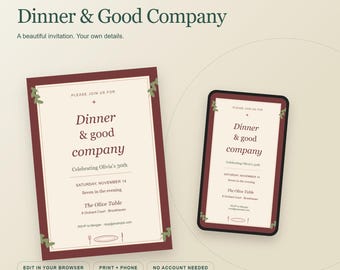 Geburtstagseinladung zum Abendessen in netter Gesellschaft, bearbeitbare Browservorlage, Druck- und Handy-Design