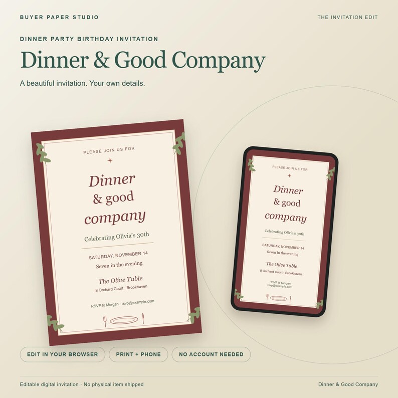 Dinner and Good Company Birthday Invitation, Editable Browser Template, Print and Phone Design image 1