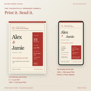 May include: A digital wedding invitation set featuring a 5 by 7-inch printed format and a 1080 by 1920-pixel phone format. The design uses a cream background with dark red accents and black text, displaying the names Alex and Jamie, date, and venue.