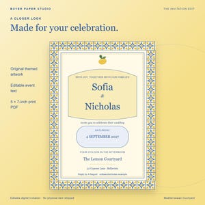 May include: A 5 x 7-inch wedding invitation template featuring a yellow and blue geometric tile border, a central lemon graphic, and dark blue text reading Sofia & Nicholas, Saturday 4 September 2027, at The Lemon Courtyard, 32 Cypress Lane.