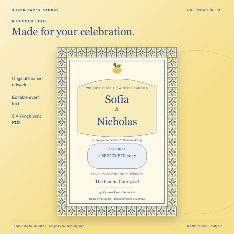 May include: A 5 x 7-inch wedding invitation template featuring a yellow and blue geometric tile border, a central lemon graphic, and dark blue text reading Sofia & Nicholas, Saturday 4 September 2027, at The Lemon Courtyard, 32 Cypress Lane.