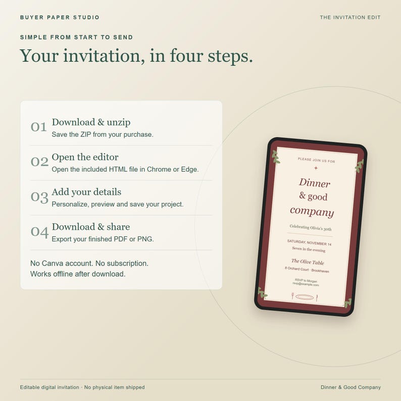Dinner and Good Company Birthday Invitation, Editable Browser Template, Print and Phone Design image 5