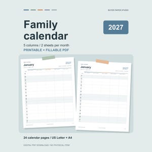 2027 Family Calendar shown as two actual January sheets on a blue and sage planning board. Five blank columns, two sheets per month, printable and fillable PDF. US Letter and A4 included.