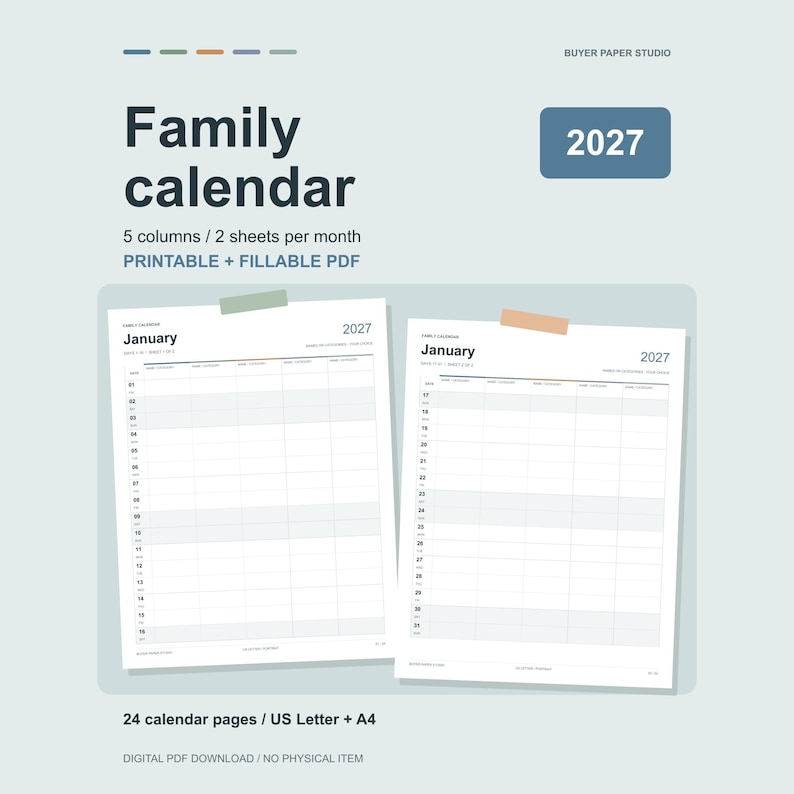 2027 Family Calendar shown as two actual January sheets on a blue and sage planning board. Five blank columns, two sheets per month, printable and fillable PDF. US Letter and A4 included.