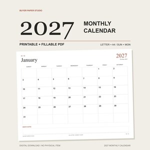 2027 Monthly Calendar with a large year headline and the actual January page. Printable and fillable PDF; US Letter and A4, Sunday and Monday starts. Digital download.