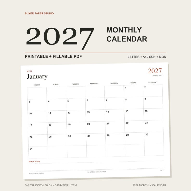 2027 Monthly Calendar with a large year headline and the actual January page. Printable and fillable PDF; US Letter and A4, Sunday and Monday starts. Digital download.