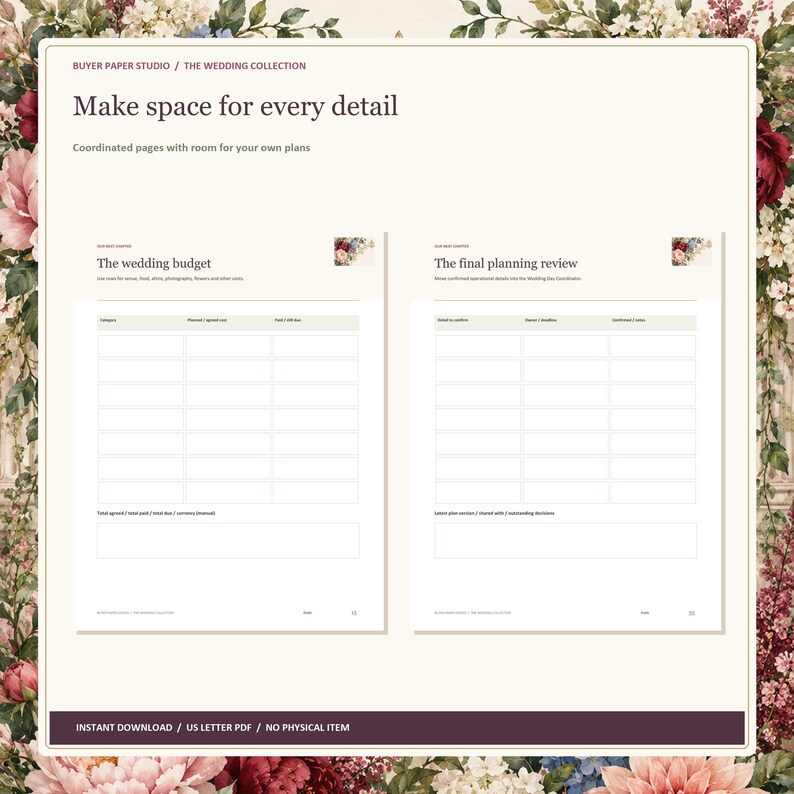 Wedding Planning Binder, 36-Page Fillable PDF, Floral Printable Wedding Organizer image 3