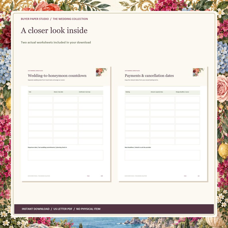 Honeymoon Planner, 24-Page Fillable PDF, Floral Printable Wedding Organizer image 2