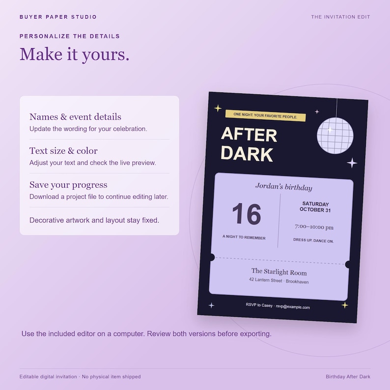 Birthday After Dark Disco Invitation, Editable Browser Template, 5x7 Print and Phone Design image 4