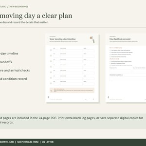 May include: A digital moving planner template featuring two pages titled Your moving-day timeline and One last look around. The layout includes checklists, blank fields for recording details, and the text Give moving day a clear plan.
