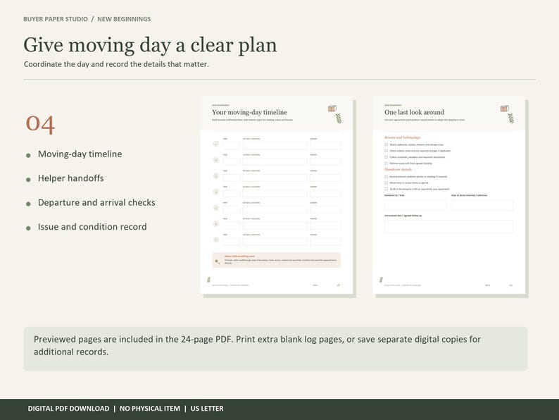 May include: A digital moving planner template featuring two pages titled Your moving-day timeline and One last look around. The layout includes checklists, blank fields for recording details, and the text Give moving day a clear plan.