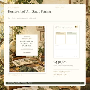 May include: A digital Homeschool Unit Study Planner with 24 pages, including a cover, guide, and worksheets. The layout features a title, text, and a preview of a printable page with sections for questions and notes, all in a neutral color palette.