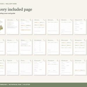 May include: A digital home maintenance planner set featuring 24 pages including a cover and guide. The pages are white with black text and light tan accents, organized in a grid layout. The text reads Buyer Paper Studio, Well-Kept Home.