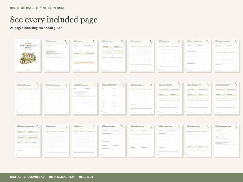 May include: A digital home maintenance planner set featuring 24 pages including a cover and guide. The pages are white with black text and light tan accents, organized in a grid layout. The text reads Buyer Paper Studio, Well-Kept Home.
