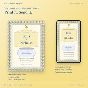 May include: A digital wedding invitation set featuring a yellow background with a blue and yellow geometric border. The design includes a 5 by 7-inch printable PDF and a 1080 by 1920-pixel mobile version, both displaying the names Sofia and Nicholas.