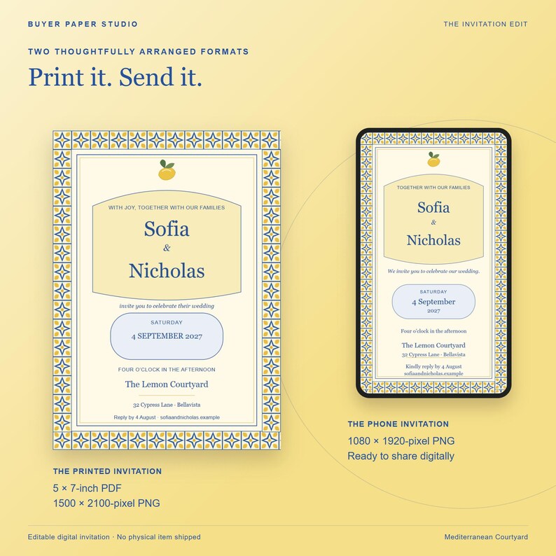 May include: A digital wedding invitation set featuring a yellow background with a blue and yellow geometric border. The design includes a 5 by 7-inch printable PDF and a 1080 by 1920-pixel mobile version, both displaying the names Sofia and Nicholas.