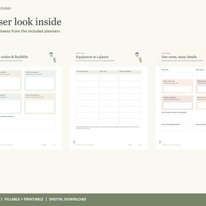 May include: Three white digital planner worksheets titled A closer look inside, Needs, wishes & flexibility, Equipment at a glance, and One room, many details. The pages feature organized boxes, text fields, and small house icons for home planning.