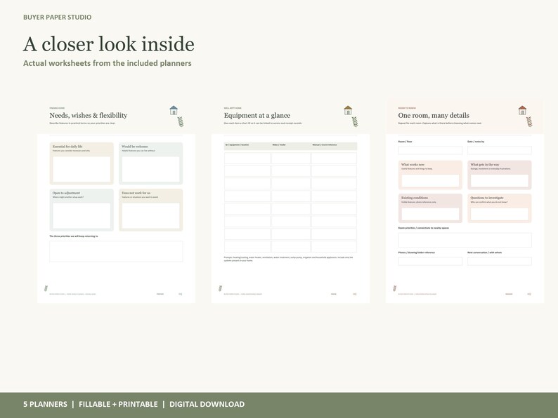 May include: Three white digital planner worksheets titled A closer look inside, Needs, wishes & flexibility, Equipment at a glance, and One room, many details. The pages feature organized boxes, text fields, and small house icons for home planning.