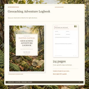 May include: A digital Geocaching Adventure Logbook featuring a forest-themed cover with a compass and wooden chest. The set includes 24 pages with a guide and fillable worksheets for recording search details, provided as a blank digital PDF.