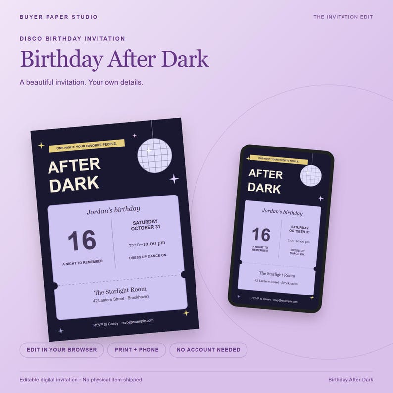 Birthday After Dark Disco Invitation, Editable Browser Template, 5x7 Print and Phone Design image 1