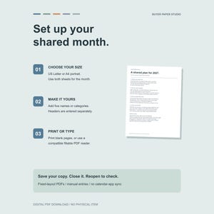Simple setup instructions beside the actual Start Here guide: choose a paper size, enter five names or categories, then print or type in a compatible PDF form reader. Save and reopen to check entries.