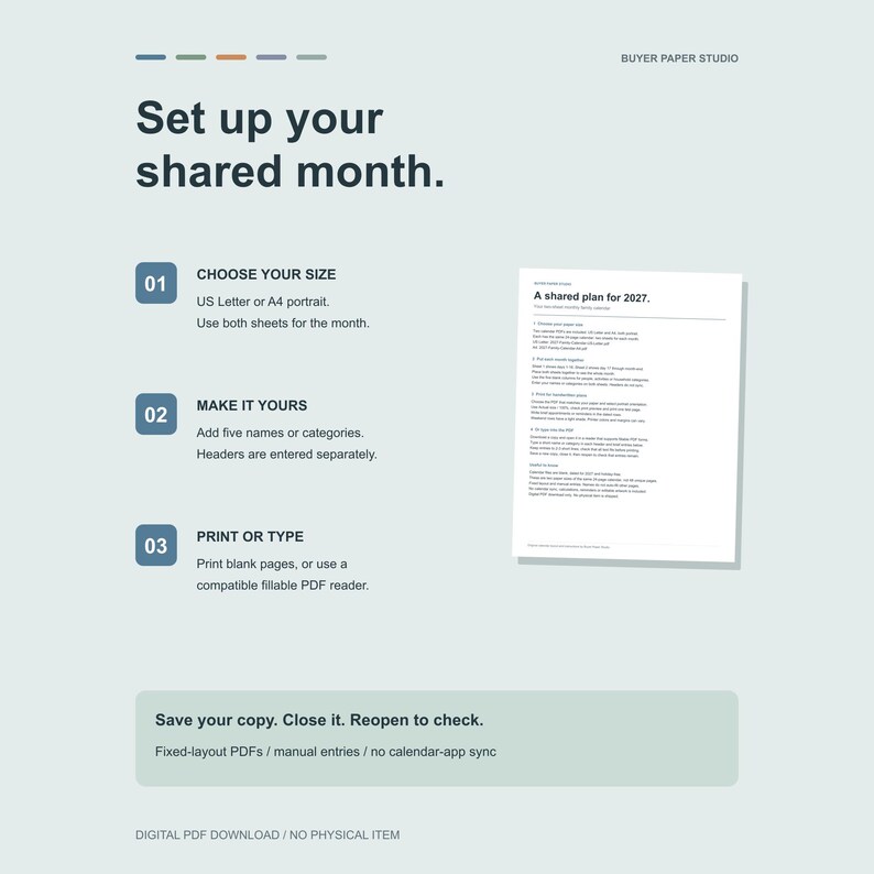 Simple setup instructions beside the actual Start Here guide: choose a paper size, enter five names or categories, then print or type in a compatible PDF form reader. Save and reopen to check entries.