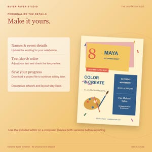 Invitación de cumpleaños para fiesta de arte con temática de colorear y crear, plantilla editable para navegador, diseño para imprimir y para móvil. imagen 4