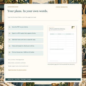 Save, fill and print directions alongside actual blank page 8 of Home Inventory & Records Binder. Requires a form-supporting PDF reader; fixed layout, manual calculations, US Letter 8.5 by 11 inches. No example entries or physical product shown.