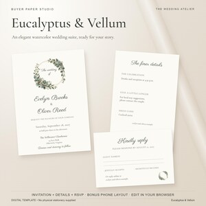Eucalyptus Wedding Invitation Suite, Editable Browser Template with Details and RSVP Cards