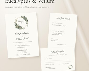Eucalyptus Wedding Invitation Suite, Editable Browser Template with Details and RSVP Cards