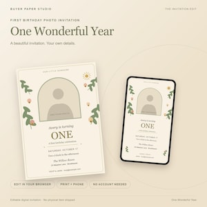 First Birthday Photo Invitation, Botanical Details, Editable Template (Digital Download)