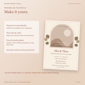 May include: A digital wedding invitation template featuring a beige background with an arched frame, abstract landscape illustration, and leaf accents. Text includes "OUR STORY CONTINUES," "Mia & Theo," and event details. The layout shows customization options.