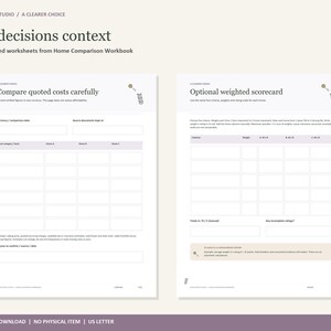 Peut inclure: Deux feuilles de travail num&eacute;riques blanches du Home Comparison Workbook intitul&eacute;es Give decisions context. La page de gauche est Compare quoted costs carefully, et la page de droite est Optional weighted scorecard. Elles incluent des tableaux.
