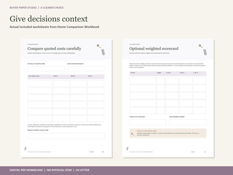 Peut inclure: Deux feuilles de travail num&eacute;riques blanches du Home Comparison Workbook intitul&eacute;es Give decisions context. La page de gauche est Compare quoted costs carefully, et la page de droite est Optional weighted scorecard. Elles incluent des tableaux.