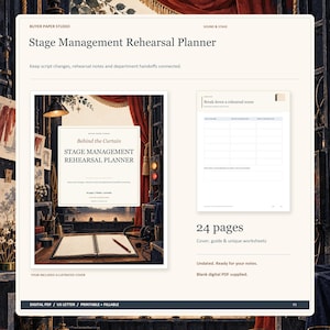 May include: A Stage Management Rehearsal Planner digital PDF with an illustrated cover featuring a theater stage, a desk with a notebook, and a pencil. The planner includes 24 pages, a guide, and unique worksheets for script changes and notes.