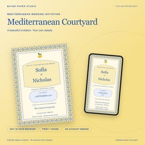 Mediterranean Courtyard Wedding Invitation, Editable Browser Template, 5x7 Print and Phone Design