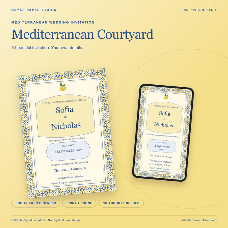May include: A rectangular wedding invitation and a matching smartphone display featuring a yellow background with a blue and yellow geometric tile border. The text reads Mediterranean Courtyard, Sofia & Nicholas, and 4 September 2027.
